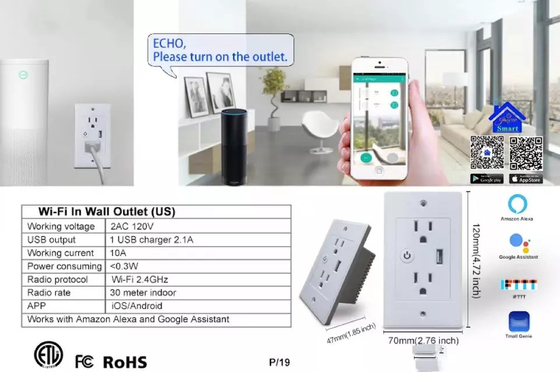 Smart Wifi Tuya US Standard Wall Socket with USB 2 Plug Outlets For Home Use Electrical 10A 120V Socket With Google&amp;Alex