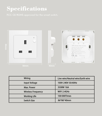 Tuya Wifi Smart 16 Amp Socket UK Remote/Voice Control Glass Panel Smart Electrical Outlet