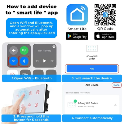 Glomarket Smart Home 8 Gang Wall Switch US Standard Tuya Voice APP Remote Control Wireless Wall Touch Light Switch