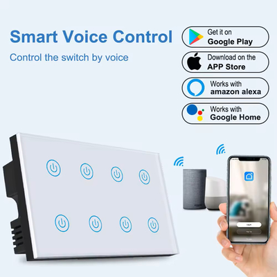 Glomarket Smart Home 8 Gang Wall Switch US Standard Tuya Voice APP Remote Control Wireless Wall Touch Light Switch